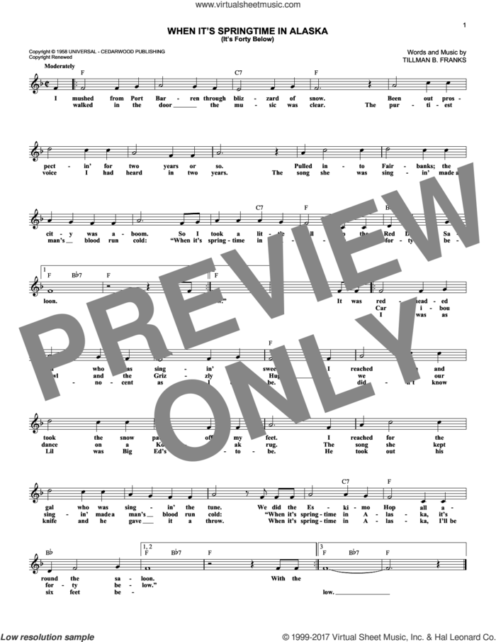 When It's Springtime In Alaska (It's Forty Below) sheet music for voice and other instruments (fake book) by Johnny Horton and Tillman Franks, intermediate skill level