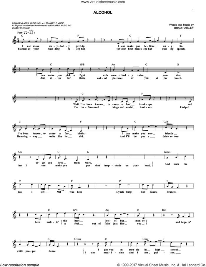 Alcohol sheet music for voice and other instruments (fake book) by Brad Paisley, intermediate skill level