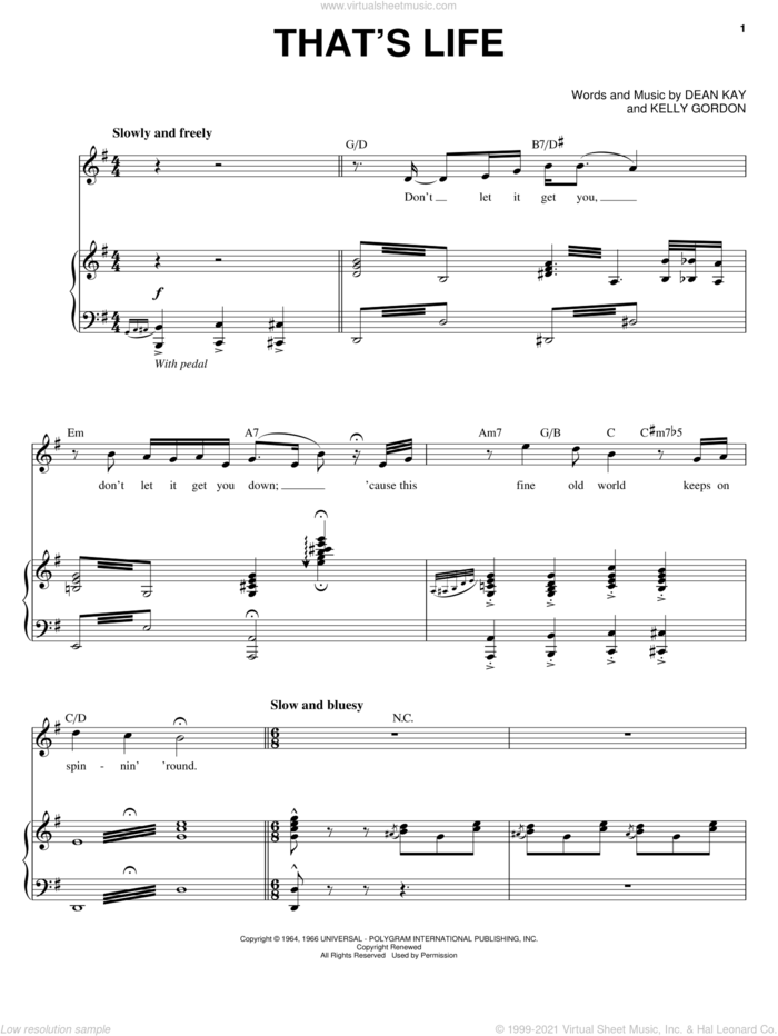 That's Life sheet music for voice and piano by Michael Buble, Frank Sinatra, Dean Kay and Kelly Gordon, intermediate skill level