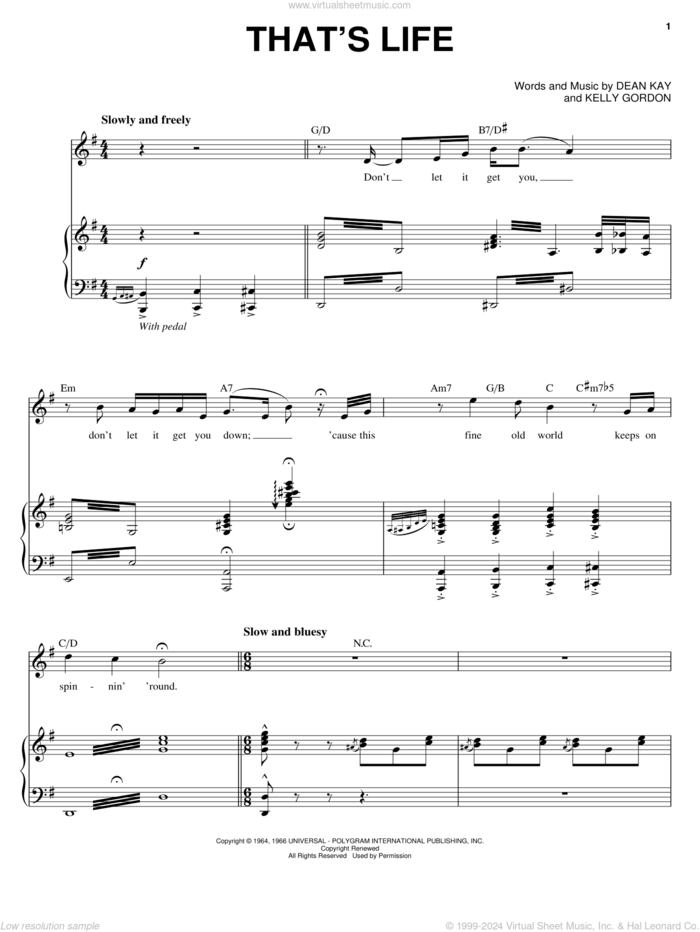 That's Life (abridged) sheet music for voice and piano by Michael Buble, Frank Sinatra, Dean Kay and Kelly Gordon, intermediate skill level