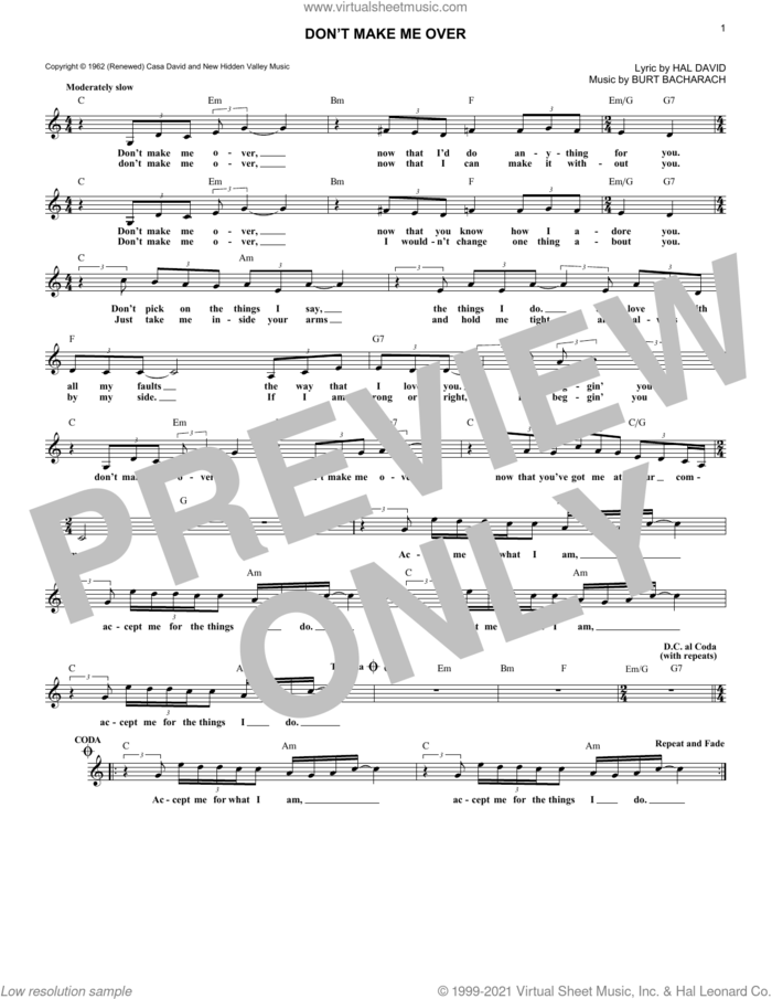Don't Make Me Over sheet music for voice and other instruments (fake book) by Burt Bacharach and Hal David, intermediate skill level