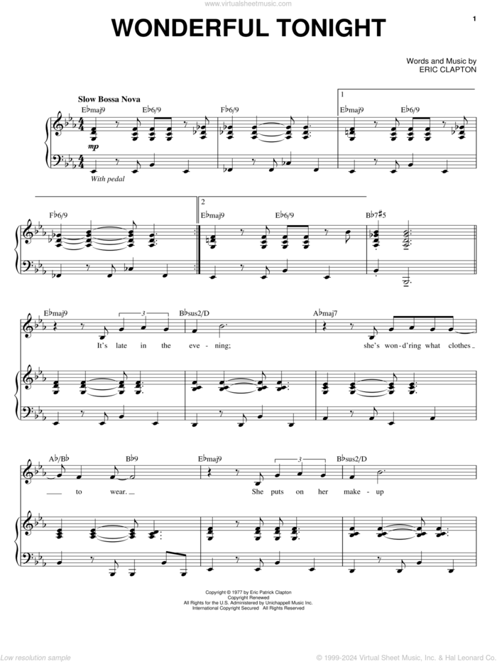 Wonderful Tonight sheet music for voice and piano by Michael Buble, David Kersh and Eric Clapton, wedding score, intermediate skill level