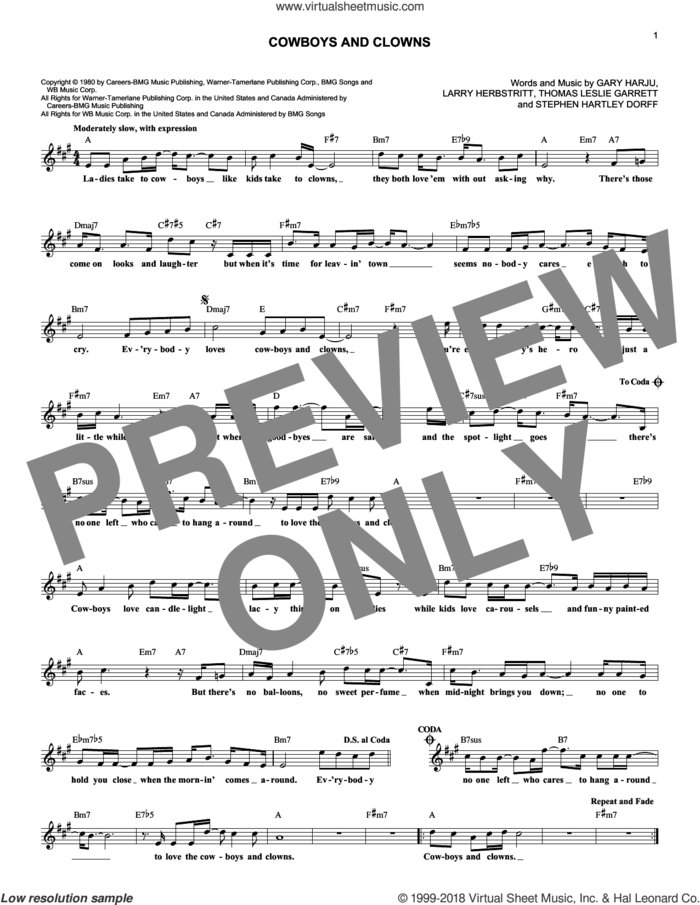 Cowboys And Clowns sheet music for voice and other instruments (fake book) by Ronnie Milsap, Gary Harju, Larry Herbstritt, Snuff Garrett and Steve Dorff, intermediate skill level