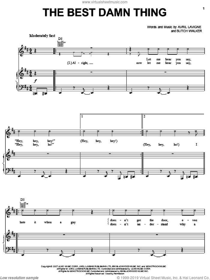 The Best Damn Thing sheet music for voice, piano or guitar by Avril Lavigne and Butch Walker, intermediate skill level