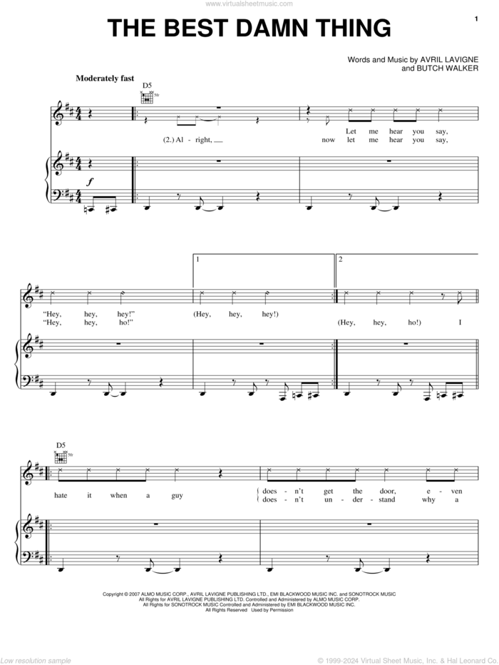 The Best Damn Thing sheet music for voice, piano or guitar by Avril Lavigne and Butch Walker, intermediate skill level