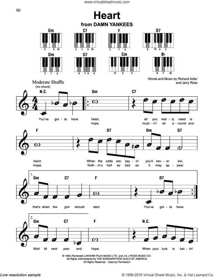 Heart sheet music for piano solo by Richard Adler and Jerry Ross, beginner skill level