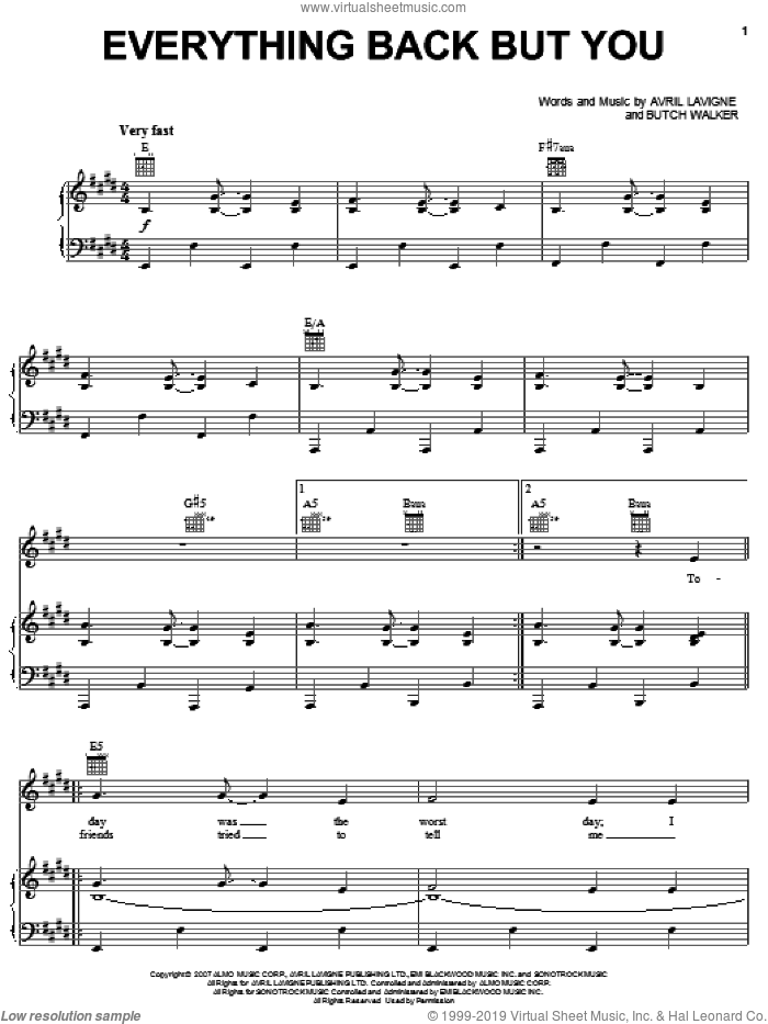 Everything Back But You sheet music for voice, piano or guitar by Avril Lavigne and Butch Walker, intermediate skill level