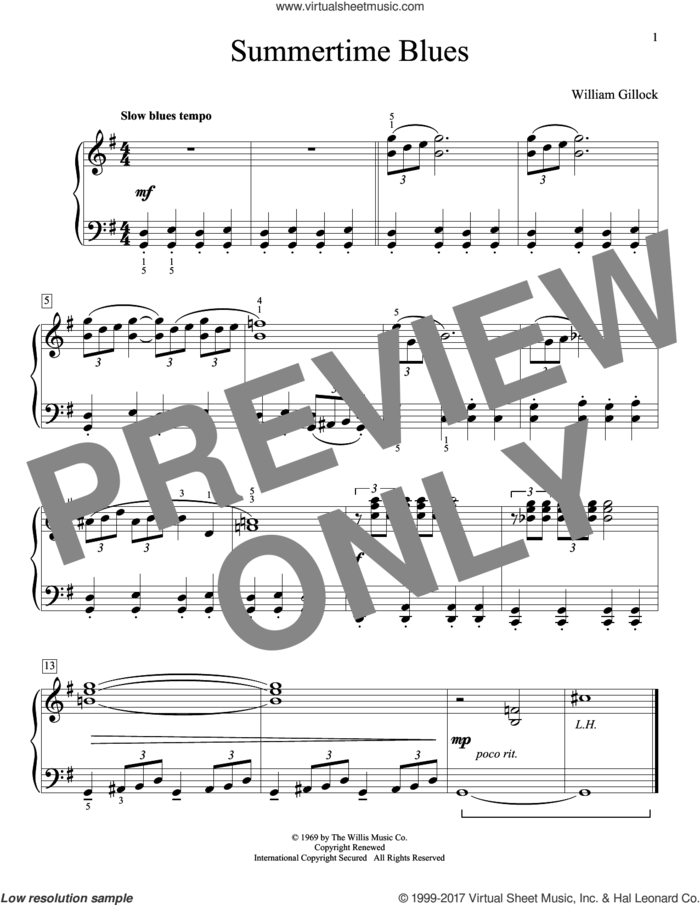 Summertime Blues sheet music for piano solo (elementary) by William Gillock, beginner piano (elementary)