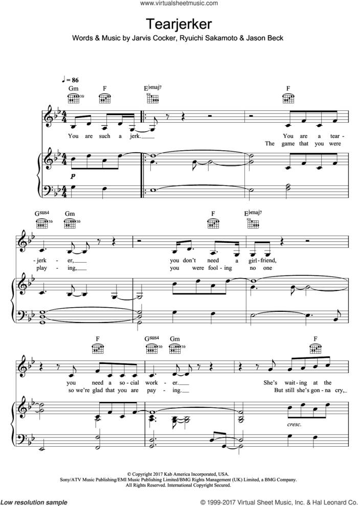 Tearjerker sheet music for voice, piano or guitar by Jarvis Cocker, Chilly Gonzales, Jason Beck and Ryuichi Sakamoto, intermediate skill level