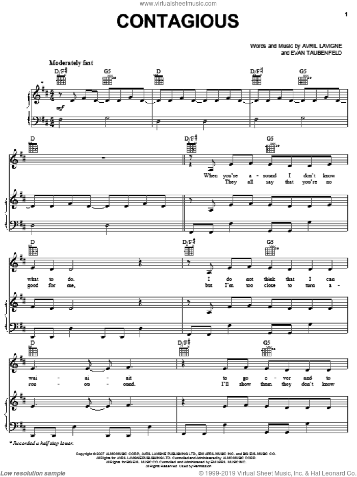 Contagious sheet music for voice, piano or guitar by Avril Lavigne and Evan Taubenfeld, intermediate skill level
