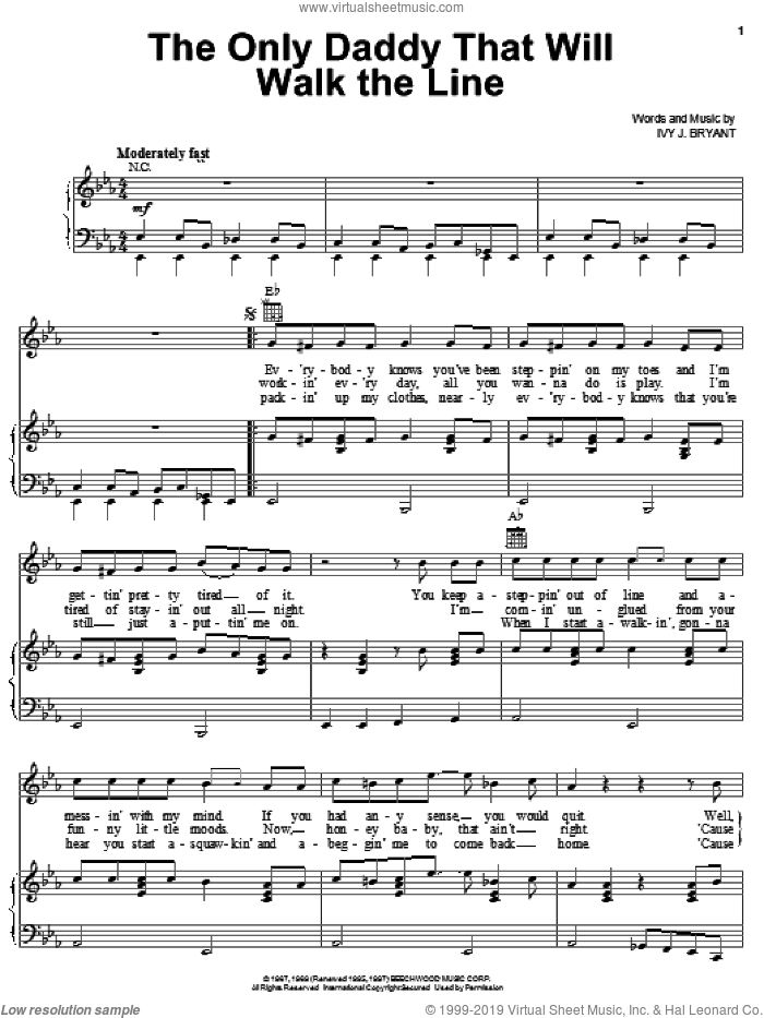 The Only Daddy That Will Walk The Line sheet music for voice, piano or guitar by Waylon Jennings and Ivy J. Bryant, intermediate skill level