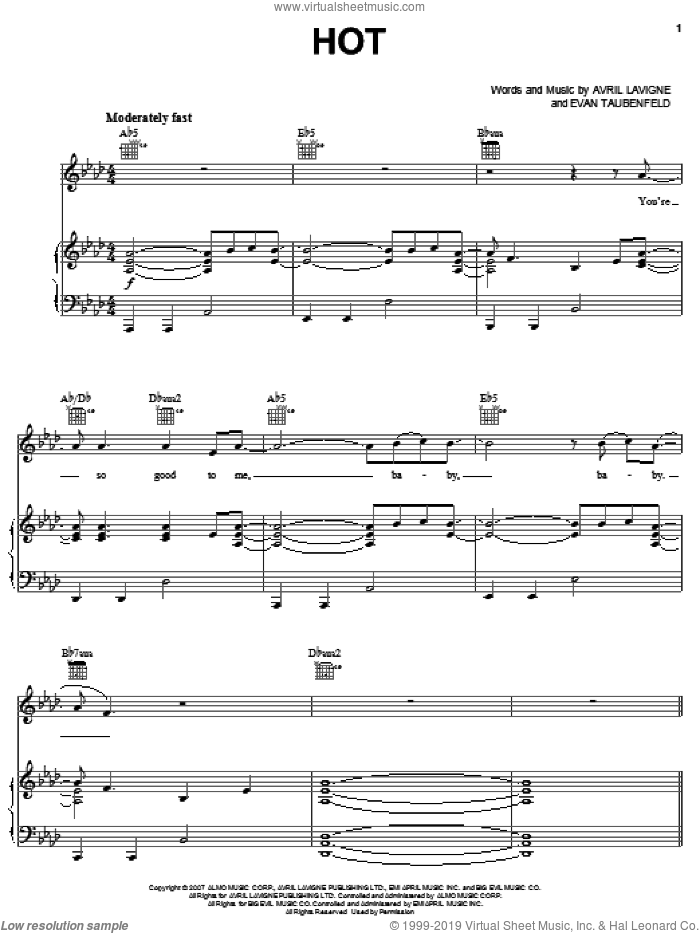 Hot sheet music for voice, piano or guitar by Avril Lavigne and Evan Taubenfeld, intermediate skill level