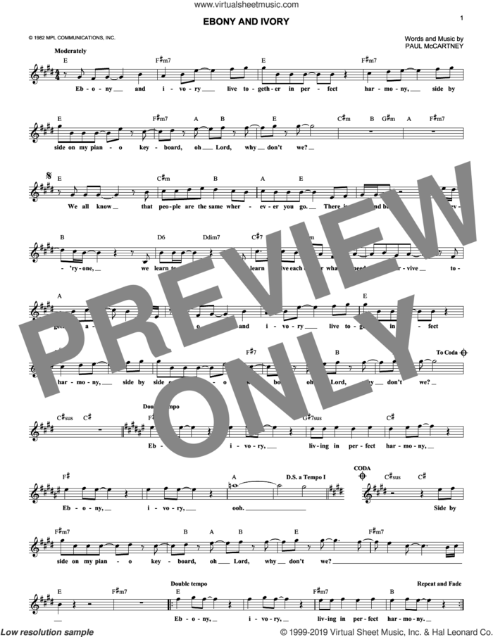 Ebony And Ivory sheet music for voice and other instruments (fake book) by Paul McCartney and Paul McCartney and Stevie Wonder, intermediate skill level