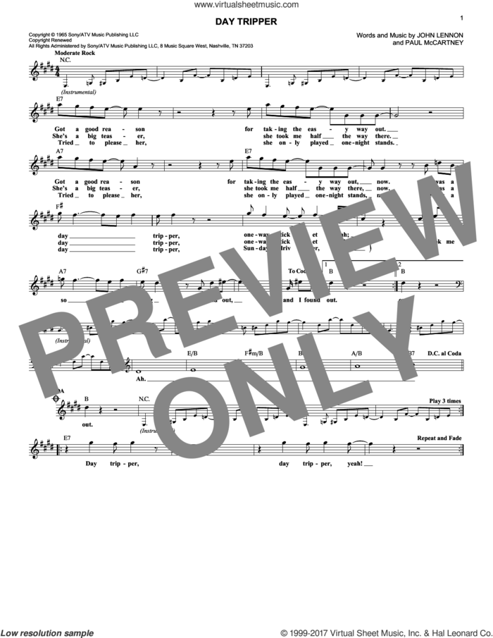 Day Tripper sheet music for voice and other instruments (fake book) by The Beatles, John Lennon and Paul McCartney, intermediate skill level