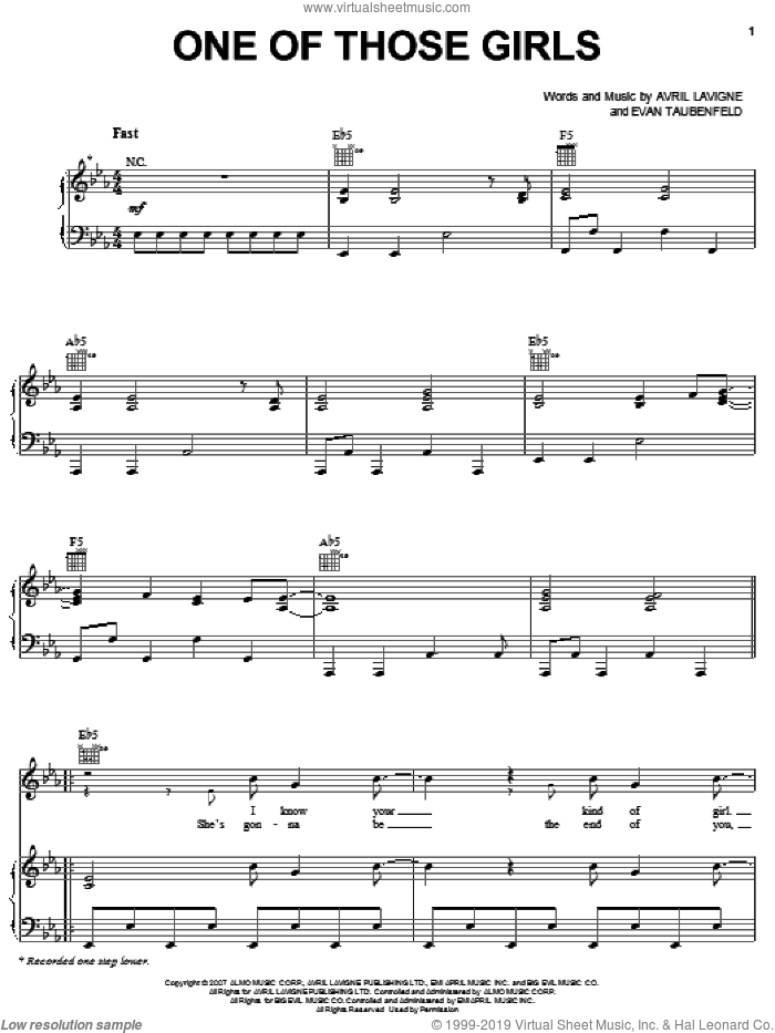 One Of Those Girls sheet music for voice, piano or guitar by Avril Lavigne and Evan Taubenfeld, intermediate skill level