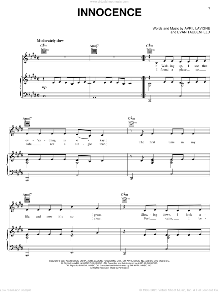 Innocence sheet music for voice, piano or guitar by Avril Lavigne and Evan Taubenfeld, intermediate skill level