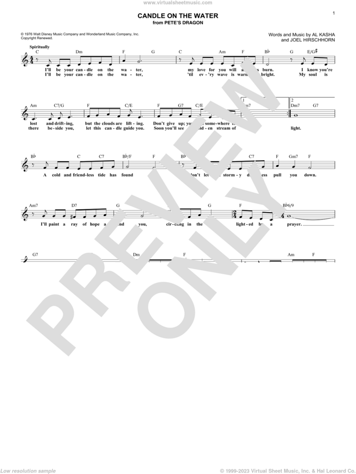 Candle On The Water (from Pete's Dragon) sheet music for voice and other instruments (fake book) by Helen Reddy, Al Kasha and Joel Hirschhorn, intermediate skill level