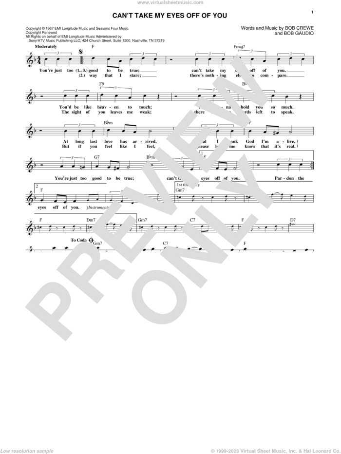 Can't Take My Eyes Off Of You sheet music for voice and other instruments (fake book) by Frankie Valli & The Four Seasons, Frankie Valli, The Four Seasons, Bob Crewe and Bob Gaudio, wedding score, intermediate skill level