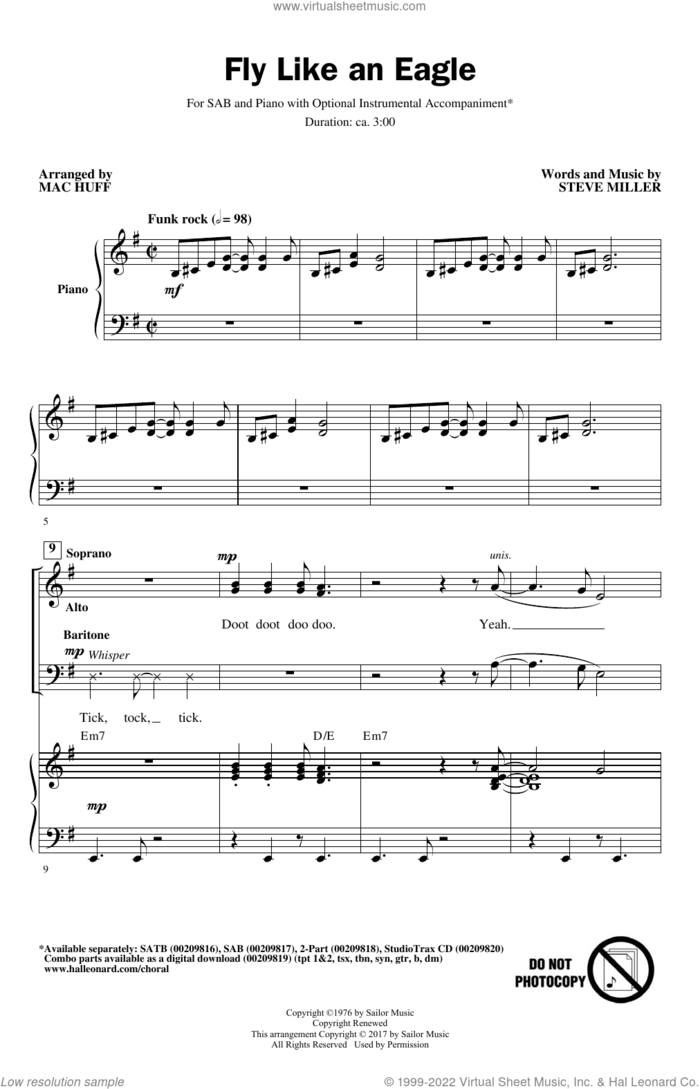 Fly Like An Eagle (arr. Mac Huff) sheet music for choir (SAB: soprano, alto, bass) by Mac Huff, Manuel Seal and Steve Miller Band and Steve Miller, intermediate skill level