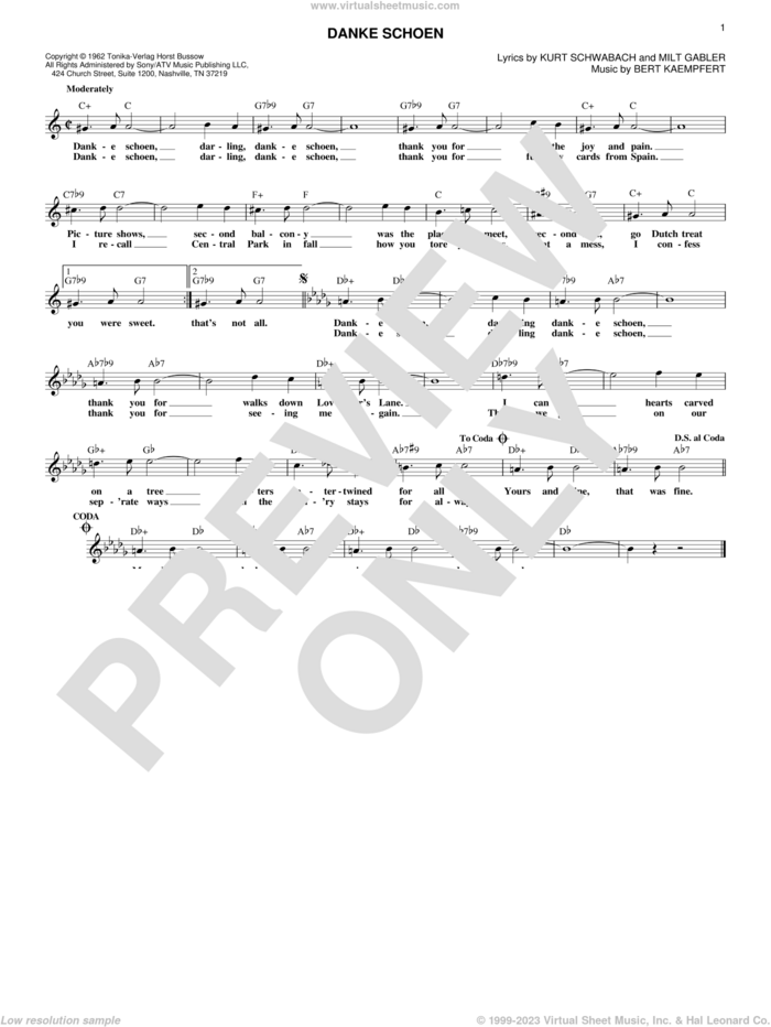 Danke Schoen sheet music for voice and other instruments (fake book) by Bert Kaempfert, Wayne Newton, Kurt Schwabach and Milt Gabler, wedding score, intermediate skill level