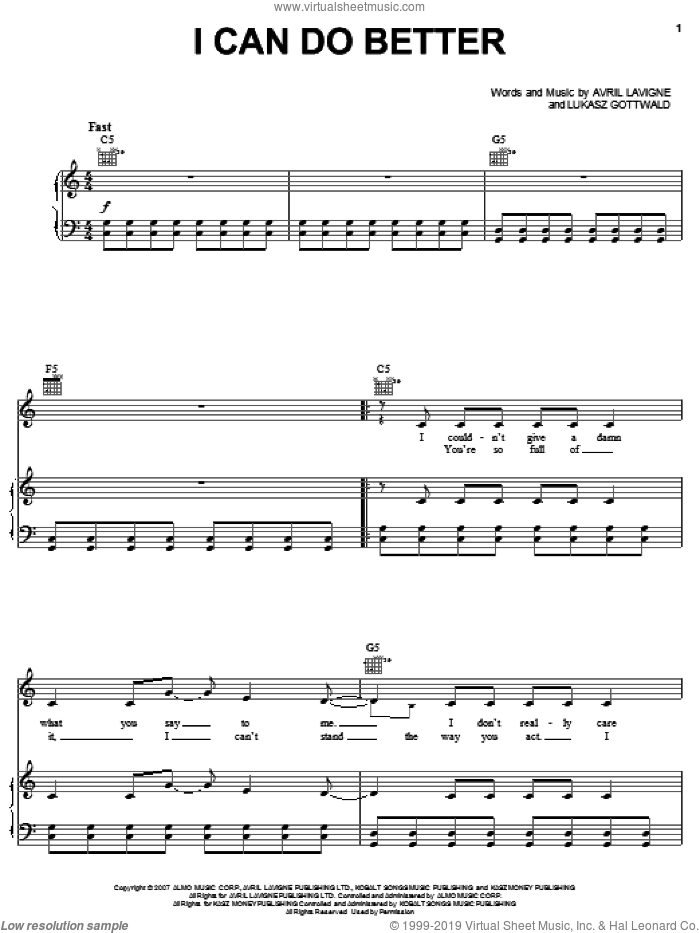 I Can Do Better sheet music for voice, piano or guitar by Avril Lavigne and Lukasz Gottwald, intermediate skill level