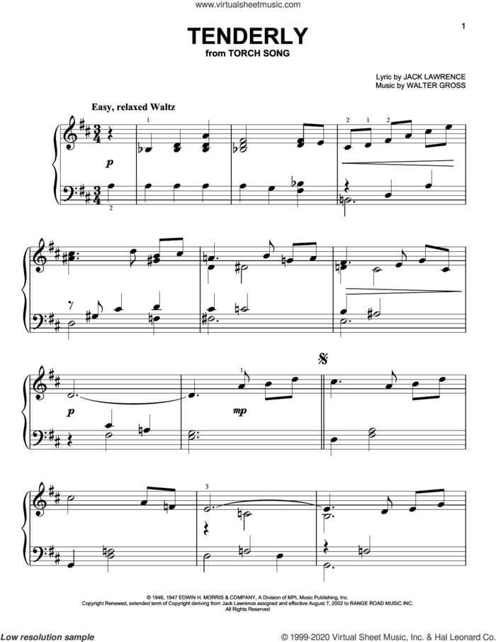 Tenderly, (easy) sheet music for piano solo by Jack Lawrence and Walter Gross, easy skill level