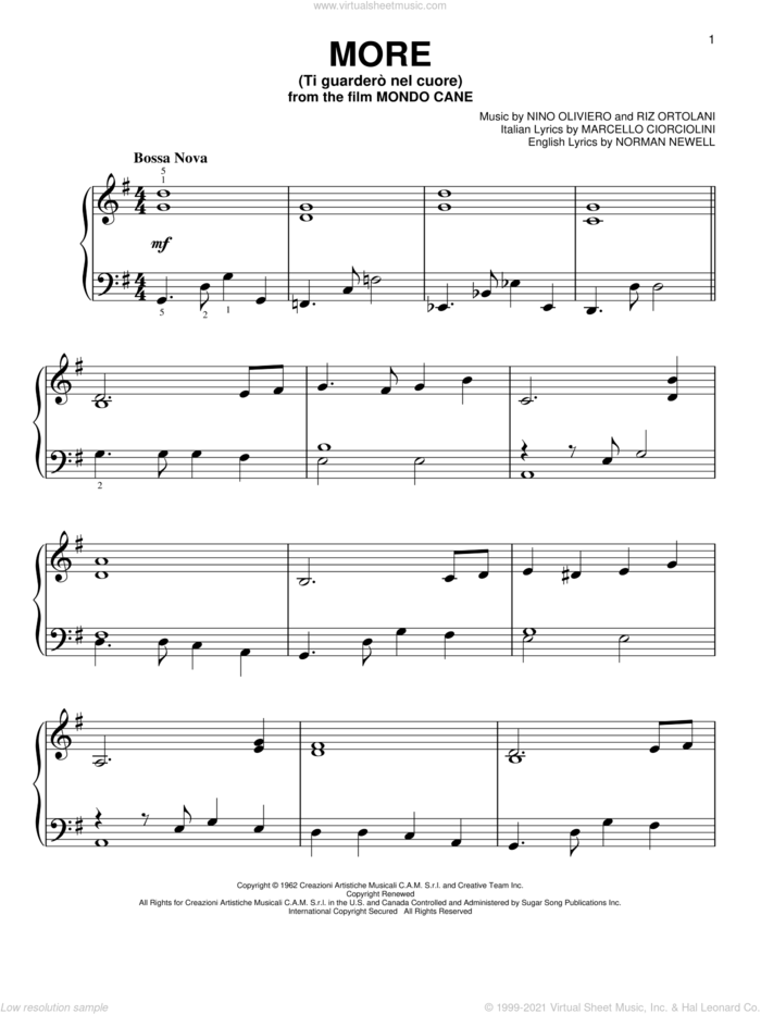 More (Ti Guardero Nel Cuore) sheet music for piano solo by Norman Newell, Kai Winding, Marcello Ciorciolini, Nino Oliviero and Riz Ortolani, easy skill level