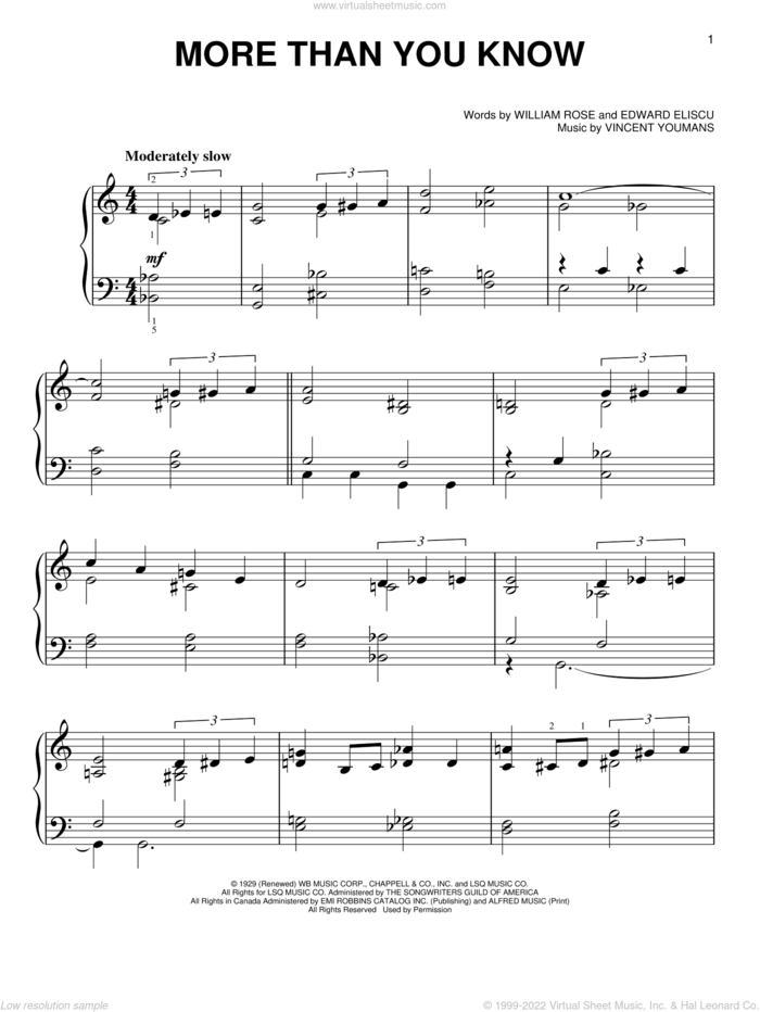 More Than You Know, (easy) sheet music for piano solo by Vincent Youmans, William Rose and Edward Eliscu, easy skill level