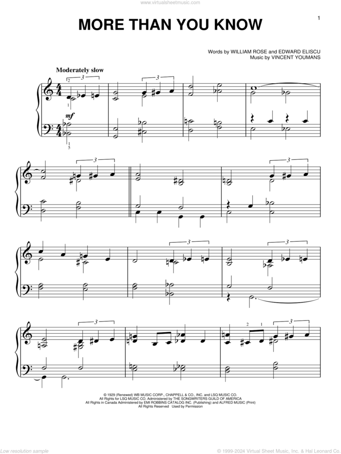 More Than You Know, (easy) sheet music for piano solo by Vincent Youmans, William Rose and Edward Eliscu, easy skill level