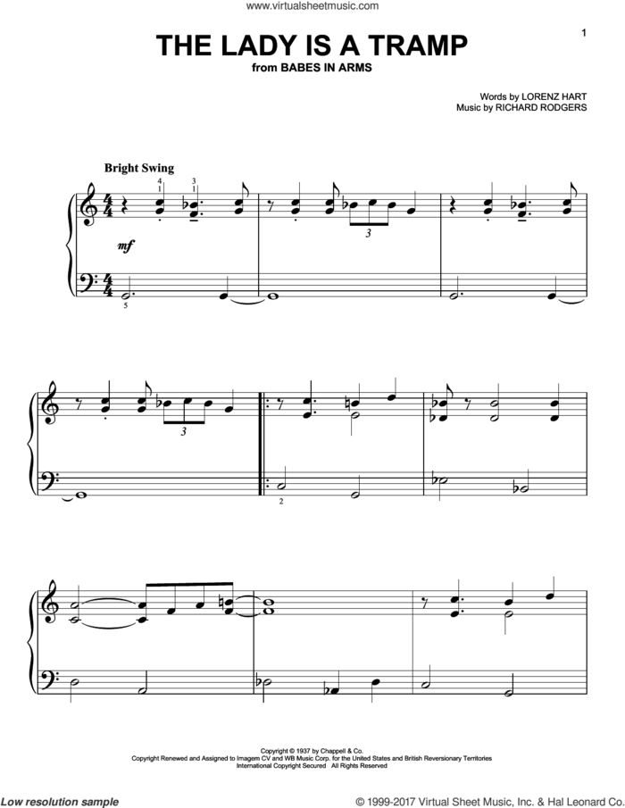 The Lady Is A Tramp, (easy) sheet music for piano solo by Rodgers & Hart, Lorenz Hart and Richard Rodgers, easy skill level