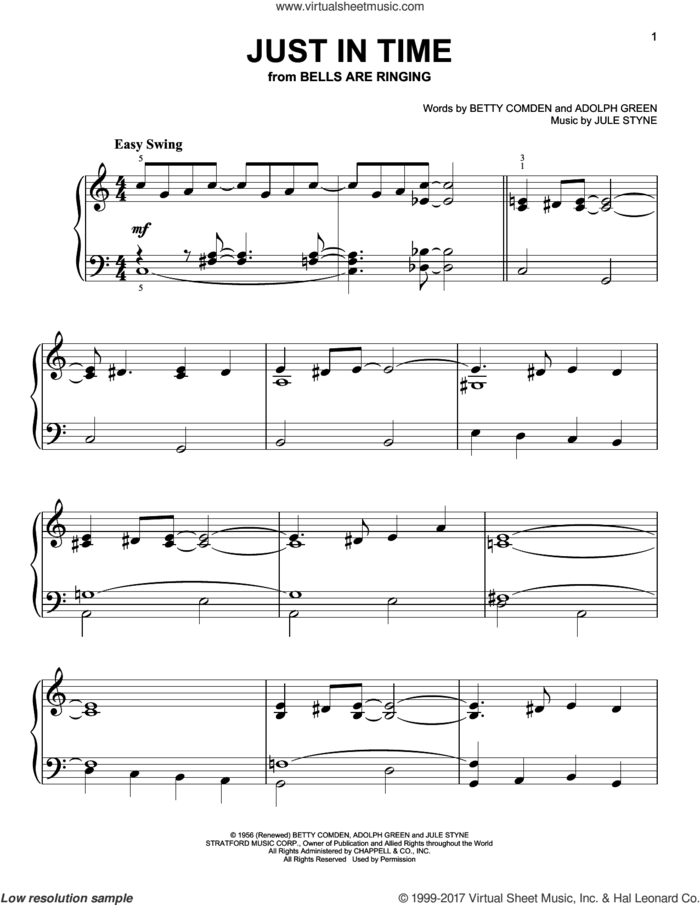 Just In Time sheet music for piano solo by Jule Styne, Adolph Green and Betty Comden, wedding score, easy skill level