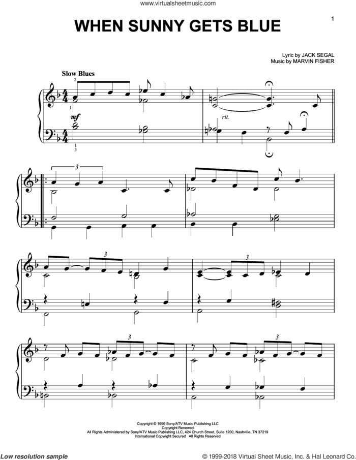 When Sunny Gets Blue, (easy) sheet music for piano solo by Jack Segal and Marvin Fisher, easy skill level