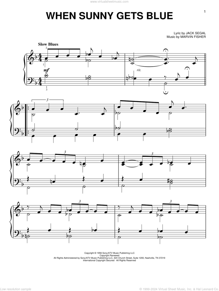 When Sunny Gets Blue, (easy) sheet music for piano solo by Jack Segal and Marvin Fisher, easy skill level