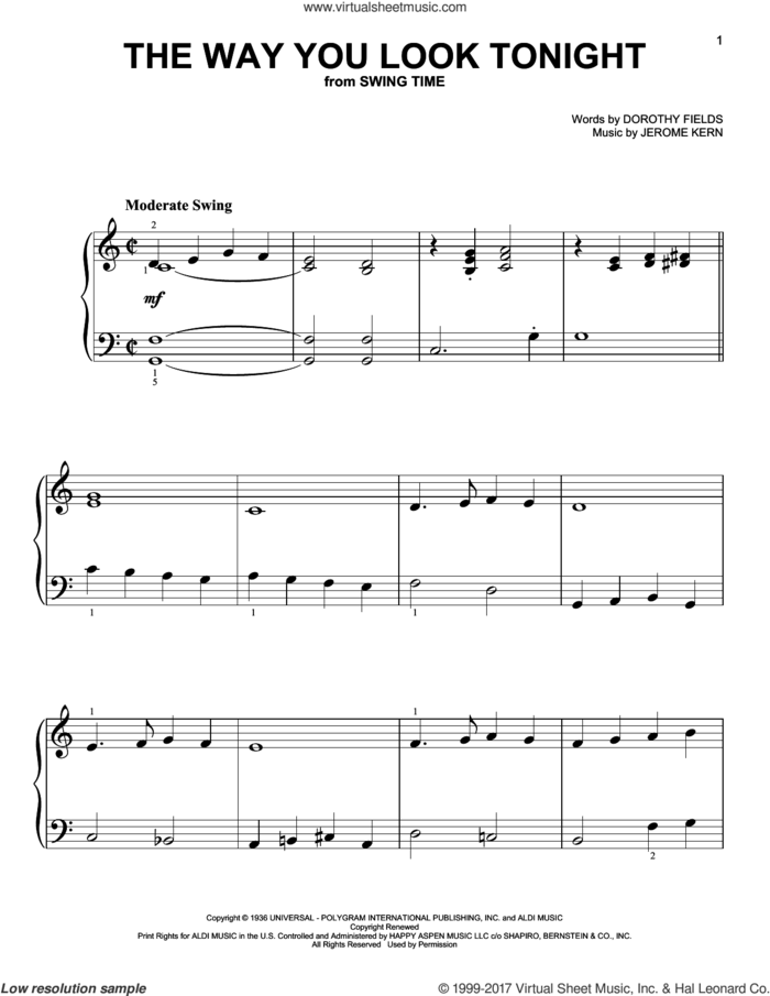 The Way You Look Tonight, (easy) sheet music for piano solo by Jerome Kern and Dorothy Fields, wedding score, easy skill level