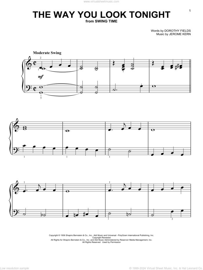 The Way You Look Tonight, (easy) sheet music for piano solo by Jerome Kern and Dorothy Fields, wedding score, easy skill level