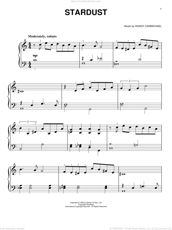 Stardust, (easy) sheet music for piano solo by Hoagy Carmichael, Artie Shaw and Mitchell Parish, easy skill level