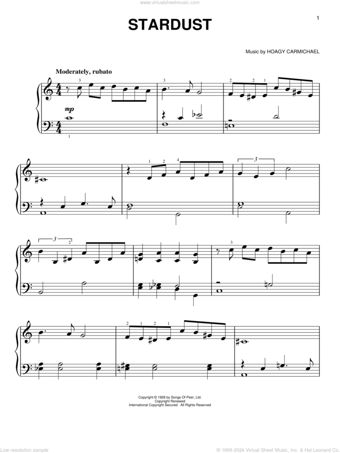 Stardust, (easy) sheet music for piano solo by Hoagy Carmichael, Artie Shaw and Mitchell Parish, easy skill level