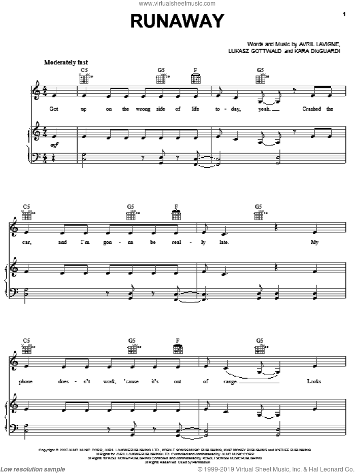 Runaway sheet music for voice, piano or guitar by Avril Lavigne, Kara DioGuardi and Lukasz Gottwald, intermediate skill level