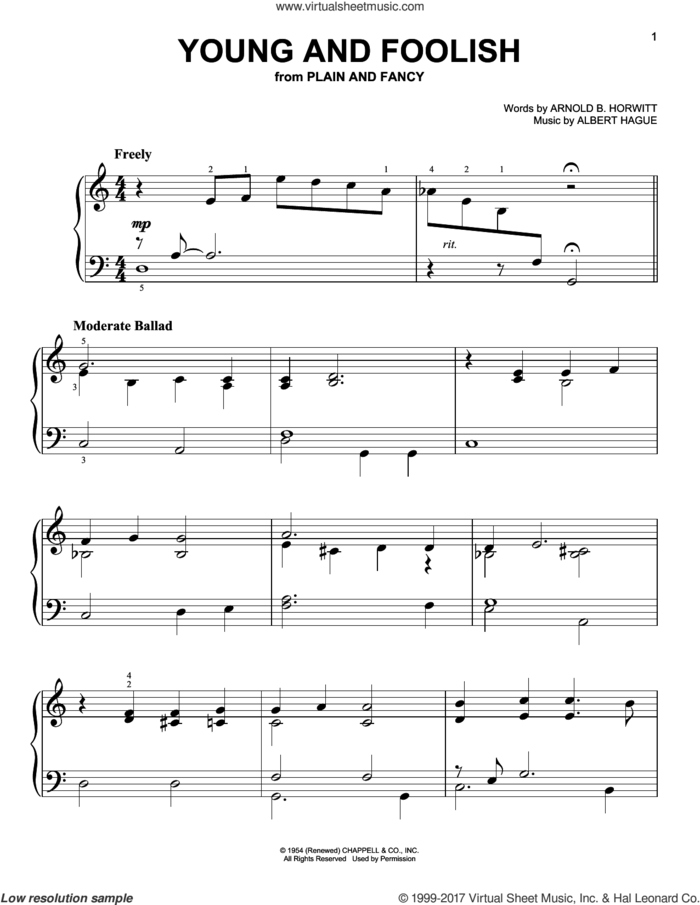 Young And Foolish sheet music for piano solo by Arnold B. Horwitt and Albert Hague, easy skill level