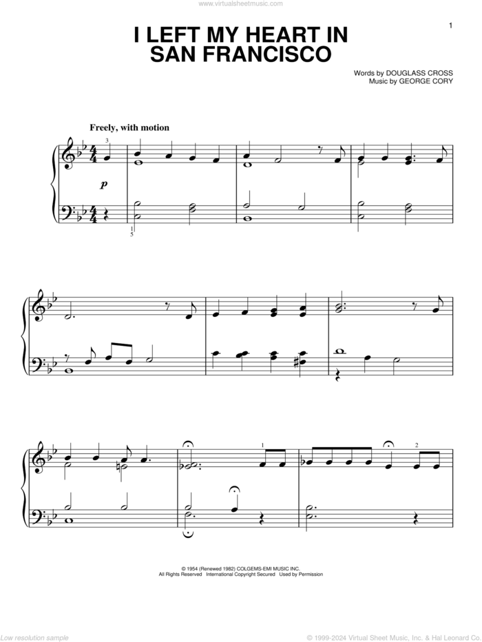 I Left My Heart In San Francisco (arr. Dan Coates) sheet music for piano solo by George Cory, Tony Bennett and Douglass Cross, easy skill level