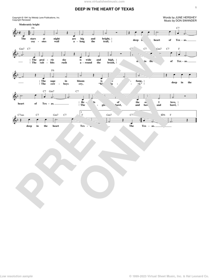 Deep In The Heart Of Texas sheet music for voice and other instruments (fake book) by Don Swander, Alvino Rey & His Orchestra, Bing Crosby and June Hershey, intermediate skill level