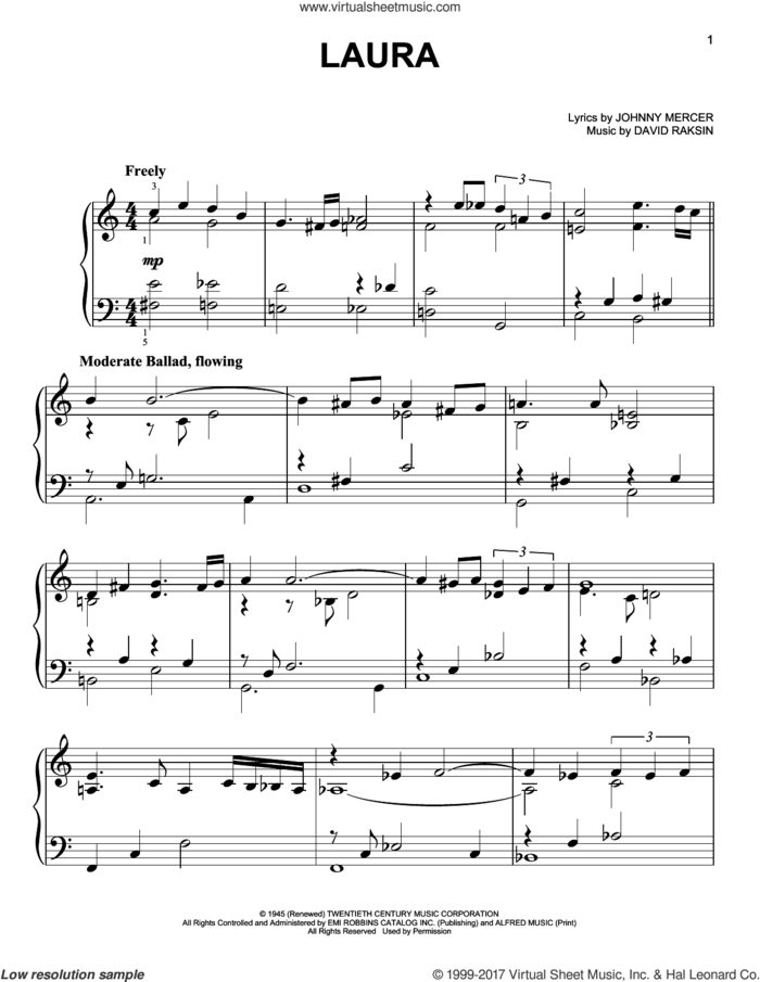 Laura sheet music for piano solo by Johnny Mercer and David Raksin, easy skill level