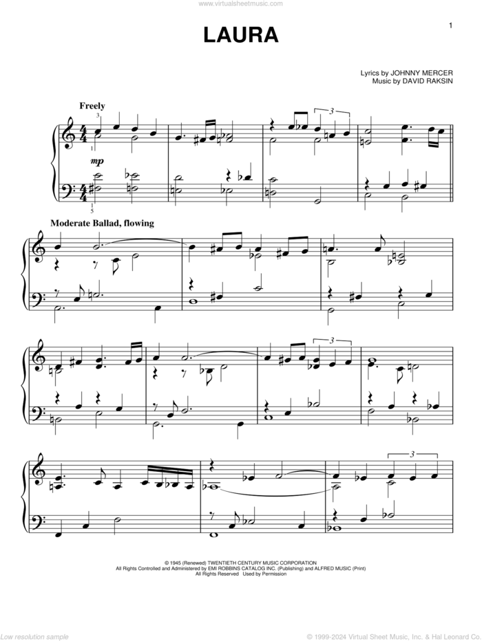 Laura sheet music for piano solo by Johnny Mercer and David Raksin, easy skill level