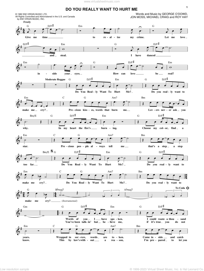 Do You Really Want To Hurt Me sheet music for voice and other instruments (fake book) by Culture Club, Jon Moss, Michael Craig and Roy Hay, intermediate skill level