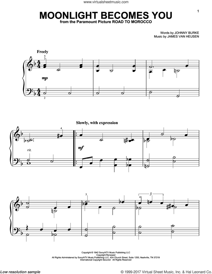 Moonlight Becomes You sheet music for piano solo by Jimmy Van Heusen and John Burke, easy skill level