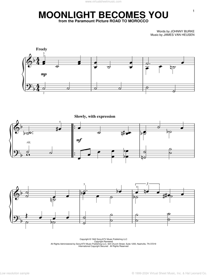 Moonlight Becomes You sheet music for piano solo by Jimmy Van Heusen and John Burke, easy skill level