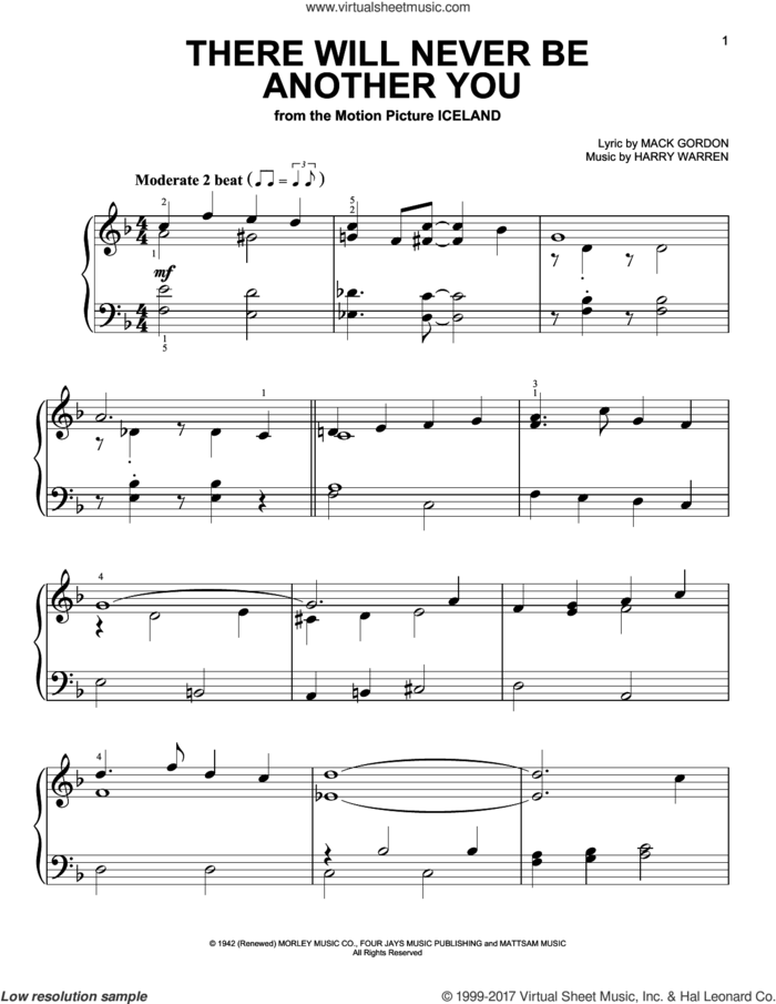 There Will Never Be Another You sheet music for piano solo by Mack Gordon and Harry Warren, easy skill level