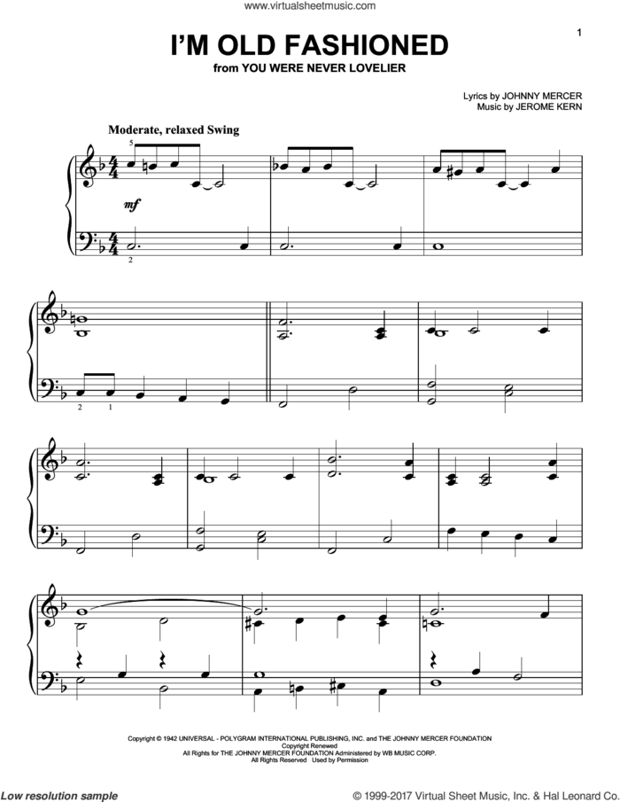 I'm Old Fashioned sheet music for piano solo by Johnny Mercer and Jerome Kern, easy skill level