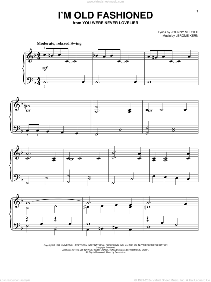 I'm Old Fashioned sheet music for piano solo by Johnny Mercer and Jerome Kern, easy skill level