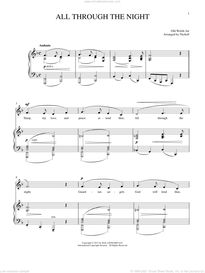 All Through The Night sheet music for voice and piano, intermediate skill level